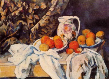 Still Life with Curtain and Flowered Pitcher Paul Cezanne Oil Paintings